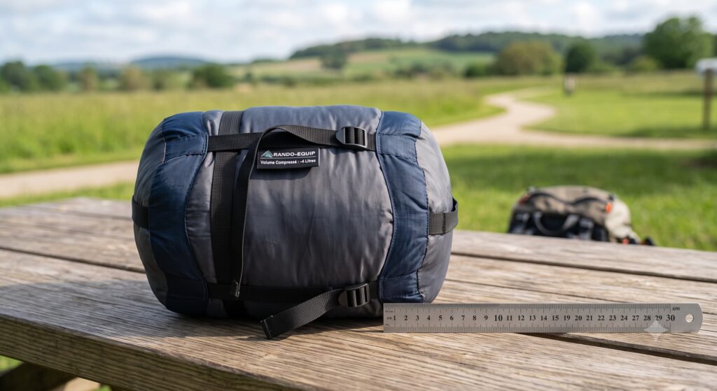 Sac de couchage : bien choisir son duvet camping et randonnée (guide 2026) 2 photo d'un sac de couchage compressé à côté d'une règle ou d'une bouteille pour montrer le volume réel une fois rangé
