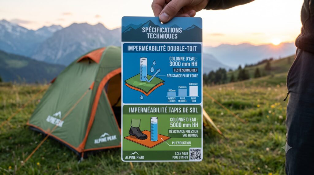 Petite tente de camping : guide et sélection 2026 9 La colonne d'eau mesure la résistance à la pluie. Plus le chiffre est élevé, plus la toile est imperméable.