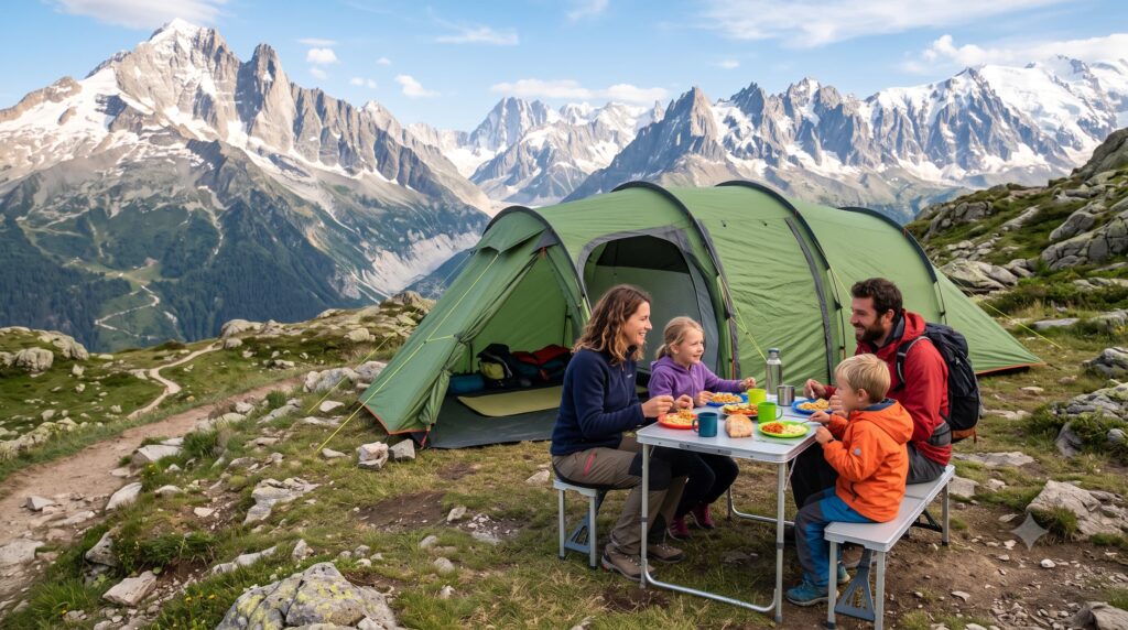 tente tunnel 4 places en montagne avec un couple et ses 2 enfants